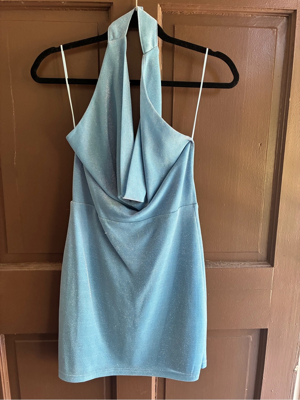 Le Lis Shimmer Halter Mini Dress in Light Blue